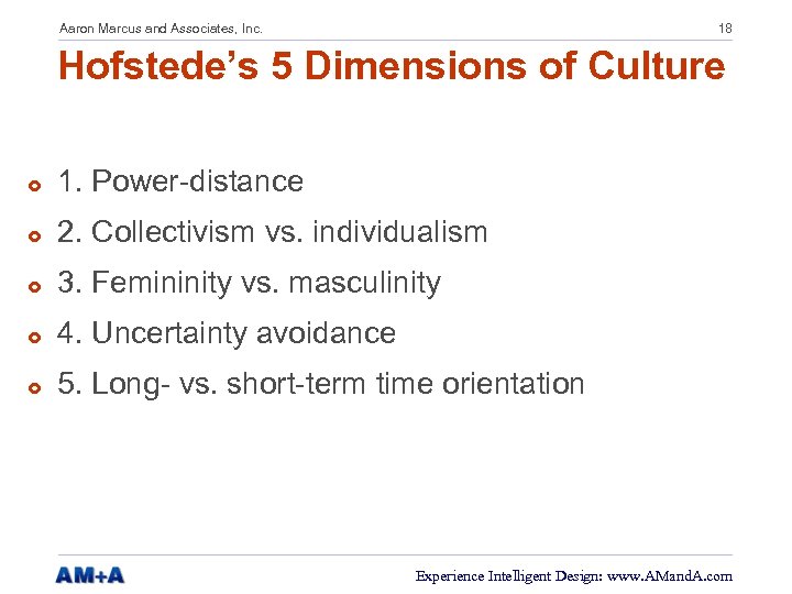 Aaron Marcus and Associates, Inc. 18 Hofstede’s 5 Dimensions of Culture £ 1. Power-distance