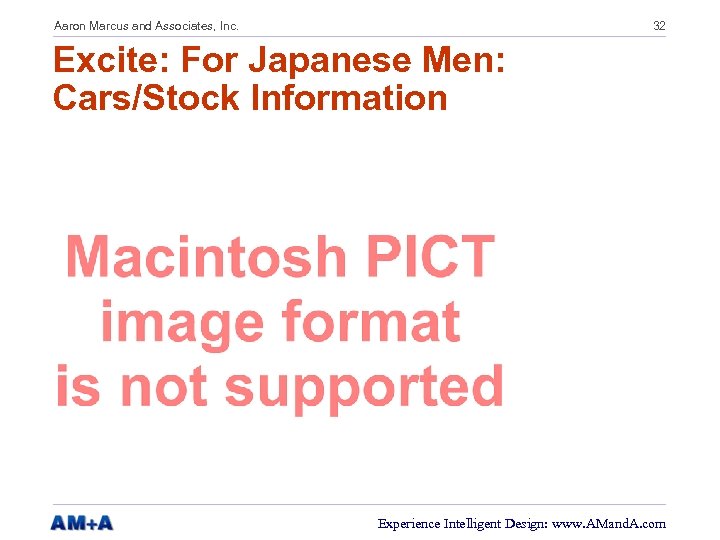 Aaron Marcus and Associates, Inc. 32 Excite: For Japanese Men: Cars/Stock Information Experience Intelligent