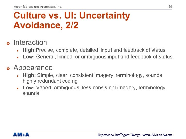 Aaron Marcus and Associates, Inc. 36 Culture vs. UI: Uncertainty Avoidance, 2/2 £ Interaction