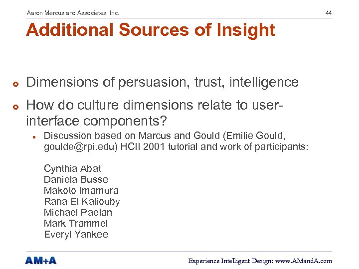 Aaron Marcus and Associates, Inc. 44 Additional Sources of Insight £ £ Dimensions of