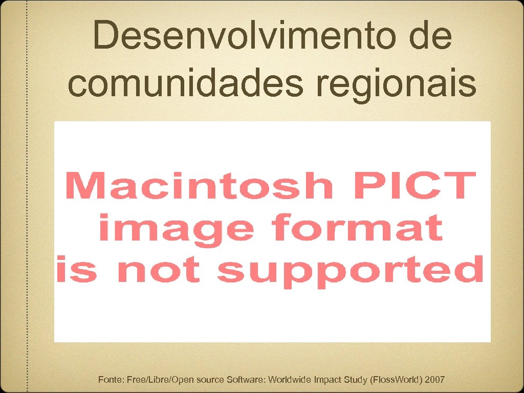 Desenvolvimento de comunidades regionais Fonte: Free/Libre/Open source Software: Worldwide Impact Study (Floss. World) 2007