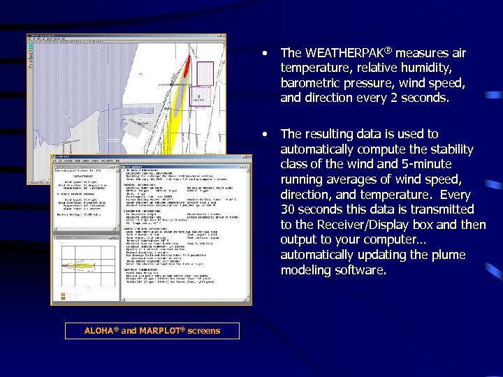 • • ALOHA® and MARPLOT® screens The WEATHERPAK® measures air temperature, relative humidity,