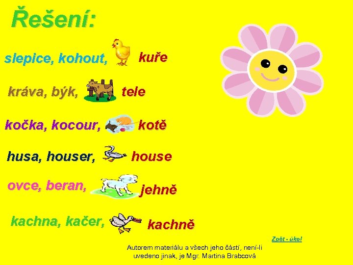 Řešení: slepice, kohout, kráva, býk, kuře tele kočka, kocour, kotě husa, houser, house ovce,