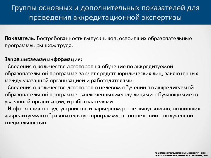 Группы основных и дополнительных показателей для проведения аккредитационной экспертизы Показатель. Востребованность выпускников, освоивших образовательные