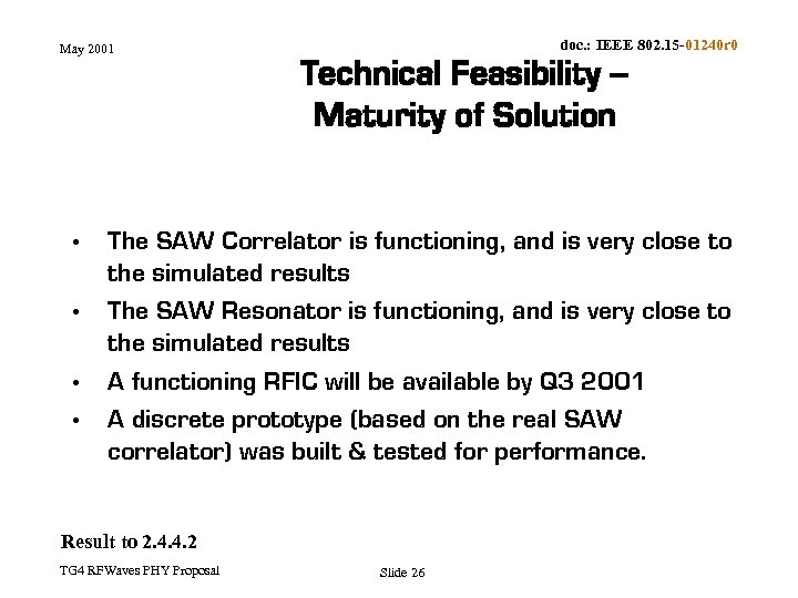 doc. : IEEE 802. 15 -01240 r 0 May 2001 Technical Feasibility – Maturity