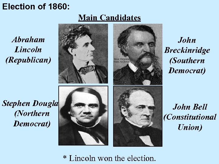 Election of 1860: Main Candidates Abraham Lincoln (Republican) John Breckinridge (Southern Democrat) Stephen Douglas