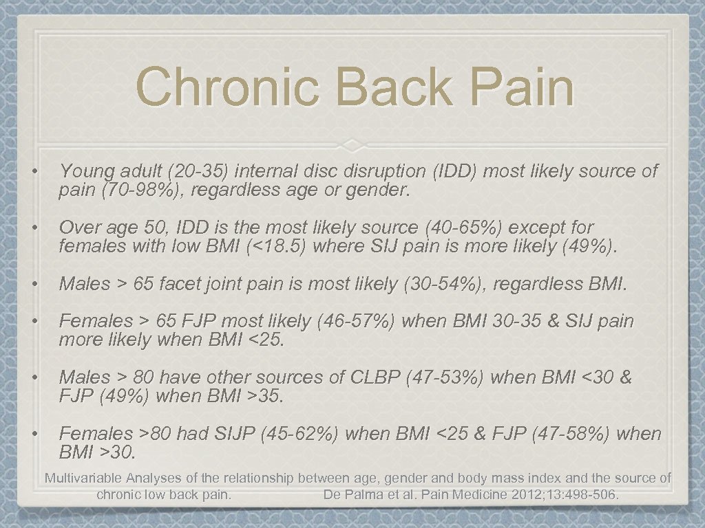 Chronic Back Pain • Young adult (20 -35) internal disc disruption (IDD) most likely