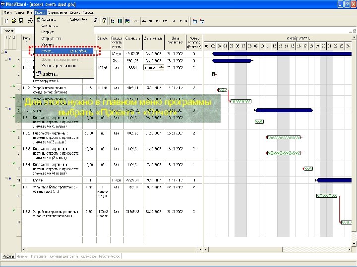 Для этого нужно в главном меню программы выбрать «Проект» - «Отчет» 