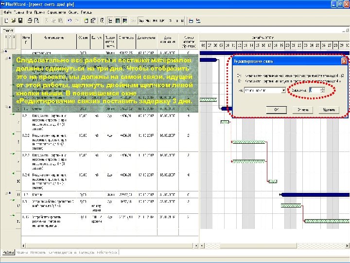 Следовательно все работы и поставки материалов должны сдвинуться на три дня. Чтобы отобразить это