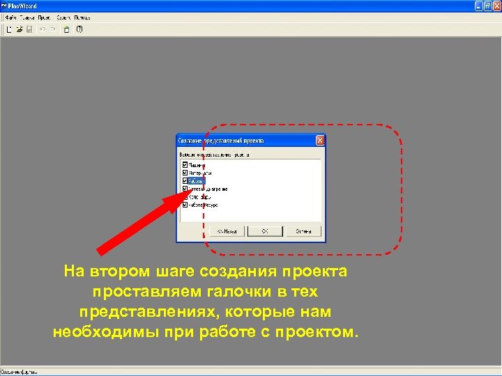 На втором шаге создания проекта проставляем галочки в тех представлениях, которые нам необходимы при