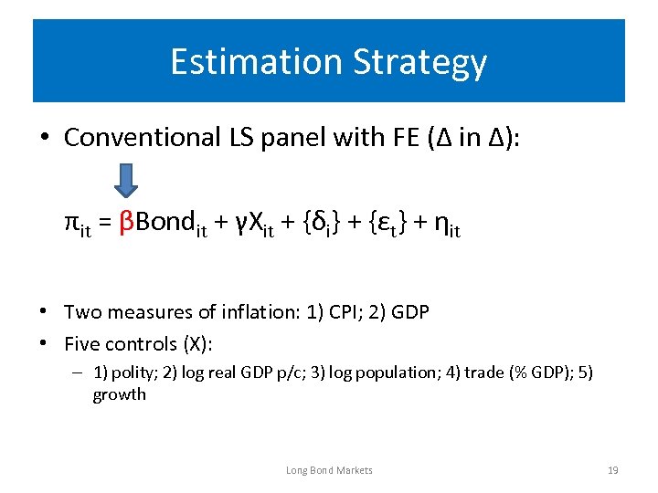 Estimation Strategy • Conventional LS panel with FE (Δ in Δ): πit = βBondit