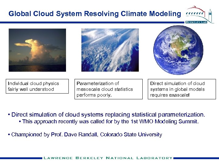 Global Cloud System Resolving Climate Modeling Individual cloud physics fairly well understood Parameterization of