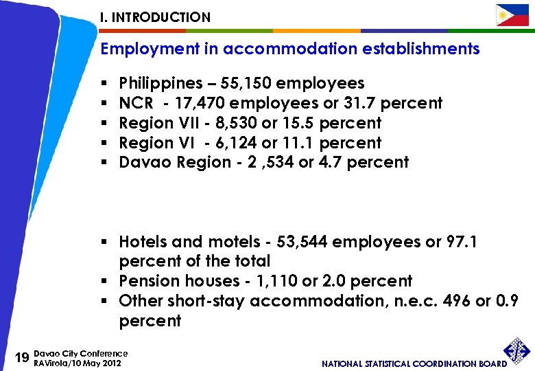 I. INTRODUCTION Employment in accommodation establishments § § § Philippines – 55, 150 employees