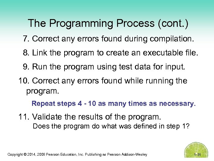 The Programming Process (cont. ) 7. Correct any errors found during compilation. 8. Link