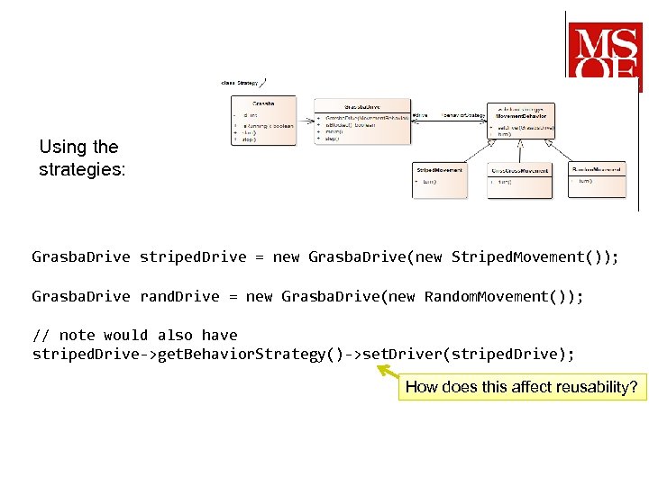 Using the strategies: Grasba. Drive striped. Drive = new Grasba. Drive(new Striped. Movement()); Grasba.