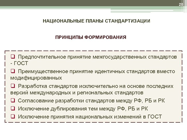 20 НАЦИОНАЛЬНЫЕ ПЛАНЫ СТАНДАРТИЗАЦИИ ПРИНЦИПЫ ФОРМИРОВАНИЯ q Предпочтительное принятие межгосударственных стандартов - ГОСТ q