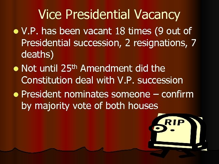 Vice Presidential Vacancy l V. P. has been vacant 18 times (9 out of