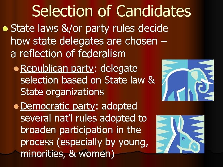 Selection of Candidates l State laws &/or party rules decide how state delegates are