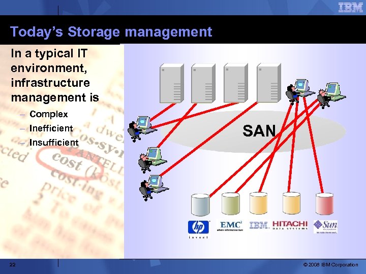 Today’s Storage management In a typical IT environment, infrastructure management is – Complex –