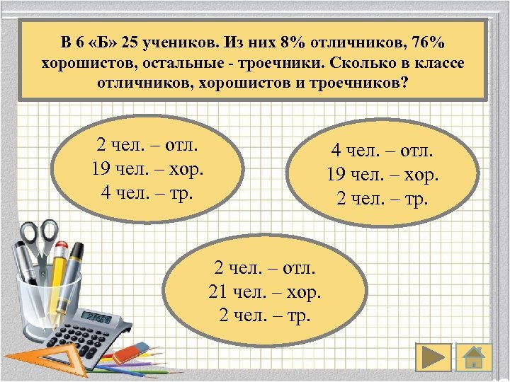 В 6 «Б» 25 учеников. Из них 8% отличников, 76% хорошистов, остальные - троечники.
