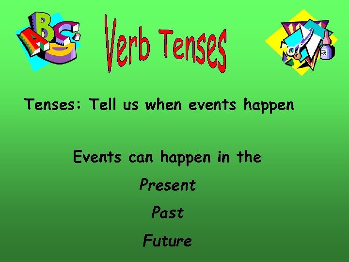 Tenses: Tell us when events happen Events can happen in the Present Past Future
