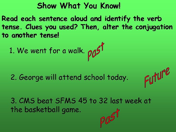 Show What You Know! Read each sentence aloud and identify the verb tense. Clues