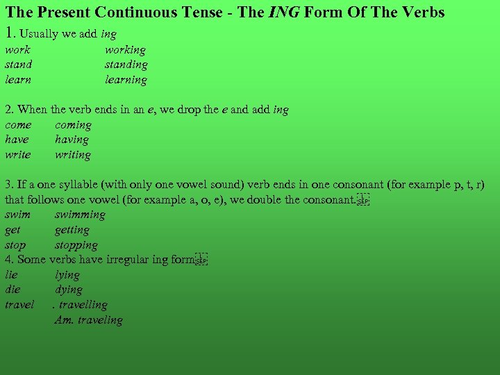 The Present Continuous Tense - The ING Form Of The Verbs 1. Usually we
