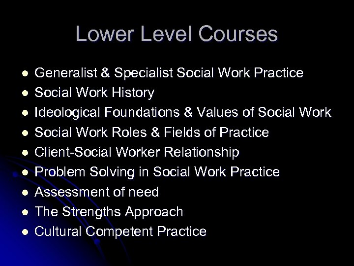 Lower Level Courses l l l l l Generalist & Specialist Social Work Practice