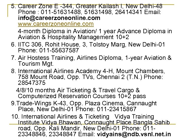 5. Career Zone E -344, Greater Kailash I, New Delhi-48 Phone : 011 -51631488,