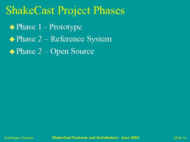 Shake. Cast Project Phases u Phase 1 - Prototype u Phase 2 – Reference