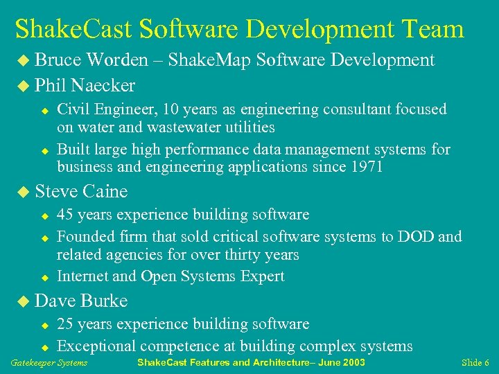 Shake. Cast Software Development Team u Bruce Worden – Shake. Map Software Development u