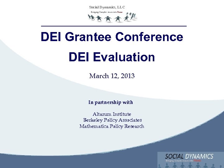 Social Dynamics, LLC Bringing Complex issues into Focus DEI Grantee Conference DEI Evaluation March