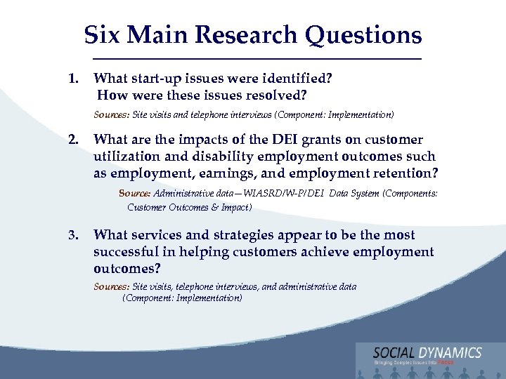 Social Dynamics, LLC Six Main Research Questions Bringing Complex issues into Focus 1. What
