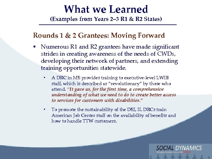 What we Learned Social Dynamics, LLC Bringing Complex issues into Focus (Examples from Years