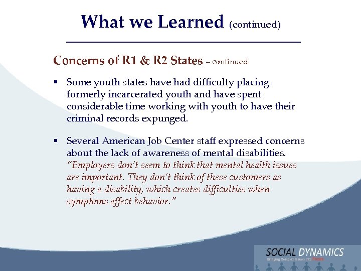 Social Dynamics, LLC Bringing Complex issues into Focus What we Learned (continued) Concerns of