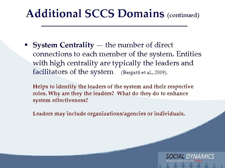 Additional SCCS Domains (continued) Social Dynamics, LLC Bringing Complex issues into Focus § System