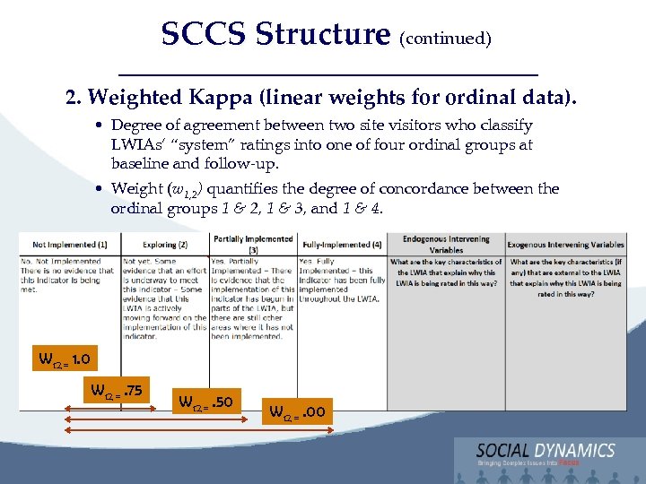 Social Dynamics, LLC Bringing Complex issues into Focus SCCS Structure (continued) 2. Weighted Kappa
