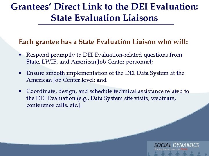 Grantees’ Direct Link to the DEI Evaluation: State Evaluation Liaisons Social Dynamics, LLC Bringing