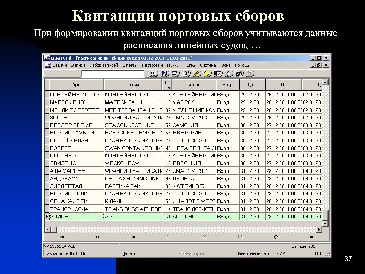 Квитанции портовых сборов При формировании квитанций портовых сборов учитываются данные расписания линейных судов, …