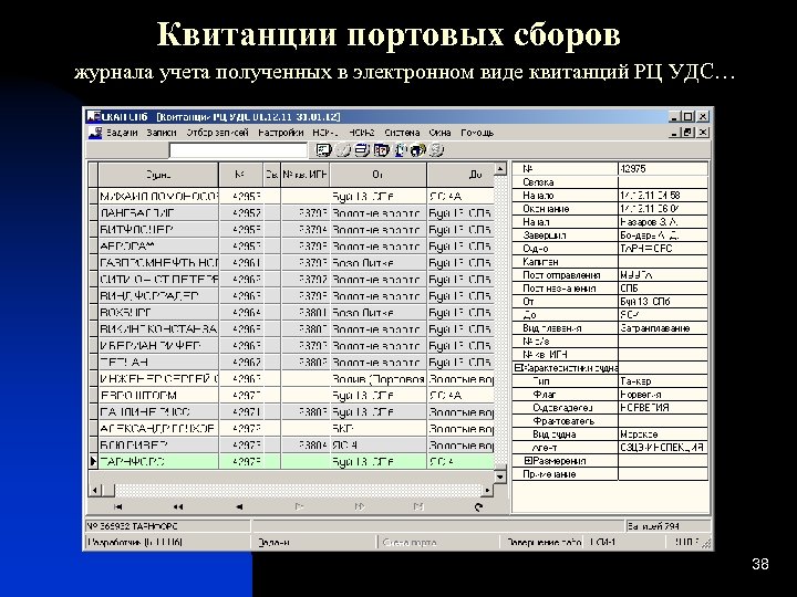 Квитанции портовых сборов журнала учета полученных в электронном виде квитанций РЦ УДС… 38 