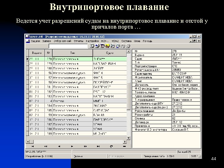 Внутрипортовое плавание Ведется учет разрешений судам на внутрипортовое плавание и отстой у причалов порта