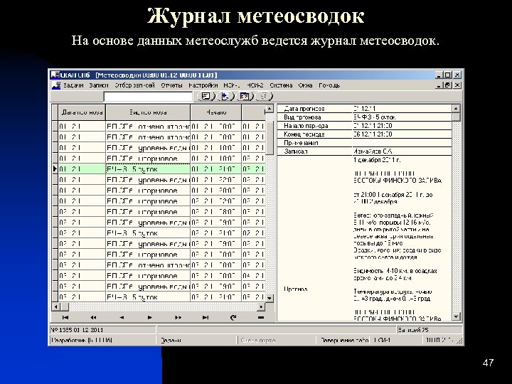 Журнал метеосводок На основе данных метеослужб ведется журнал метеосводок. 47 