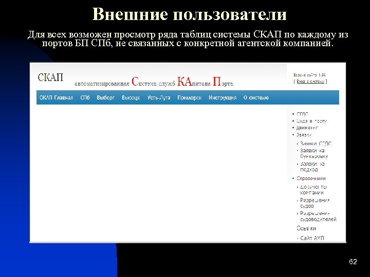 Внешние пользователи Для всех возможен просмотр ряда таблиц системы СКАП по каждому из портов