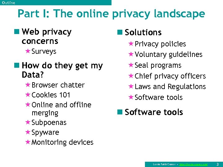 Outline Part I: The online privacy landscape n Web privacy concerns «Surveys n How