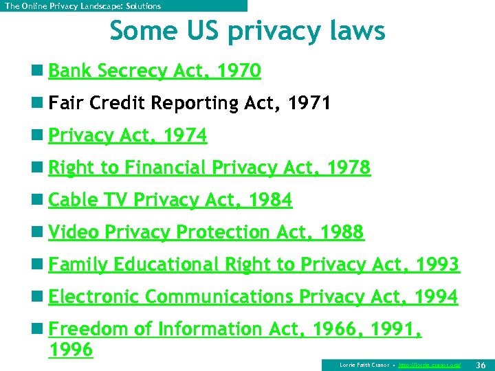 The Online Privacy Landscape: Solutions Some US privacy laws n Bank Secrecy Act, 1970