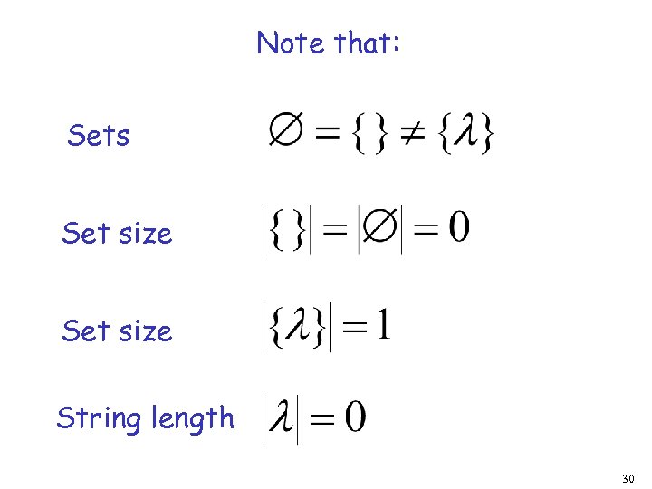 Note that: Sets Set size String length 30 