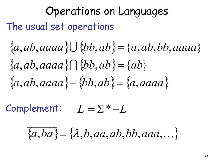 Operations on Languages The usual set operations Complement: 32 