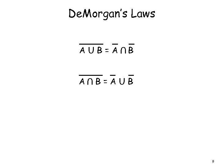 De. Morgan’s Laws U AUB=A B B=AUB 9 