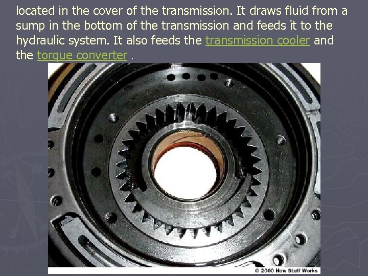 located in the cover of the transmission. It draws fluid from a sump in