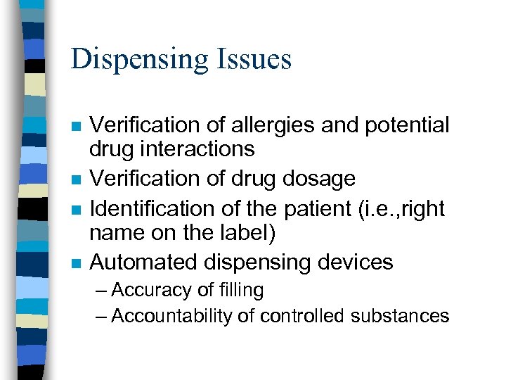 Dispensing Issues n n Verification of allergies and potential drug interactions Verification of drug